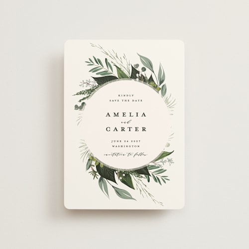 This is a ivory petite save the dates with standard by Susan Moyal called natures greens printing on signature in petite