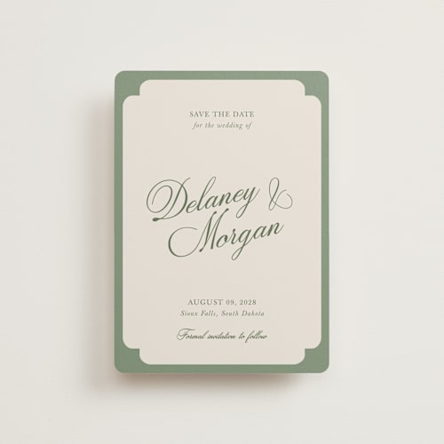 This is a olive petite save the dates with standard by Cass Loh called classic bold border printing on signature in petite