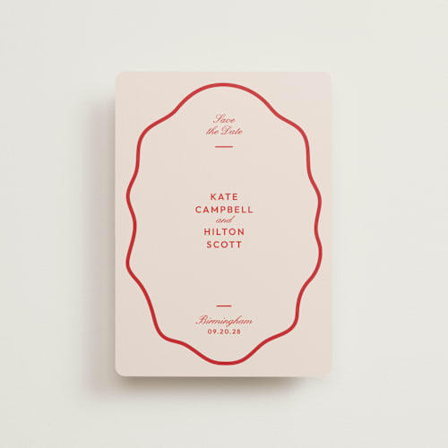 This is a cherry petite save the dates with standard by Megan Davis called croquet printing on signature in petite
