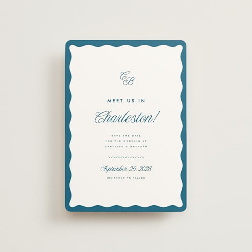 This is a ocean petite save the dates with standard by Kelly Schmidt called meet us printing on signature in petite