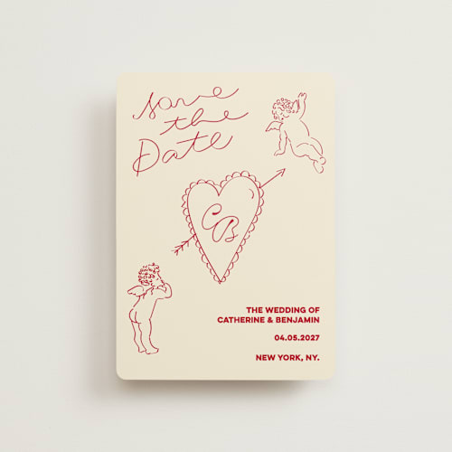 This is a cream petite save the dates with standard by Helena Vitto called crazy little thing called love printing on signature in petite