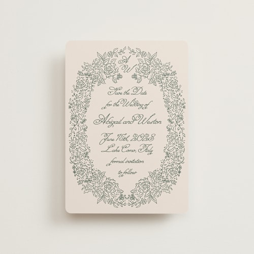 This is a moss petite save the dates with standard by Tamara Hilje called crest florale printing on signature in petite