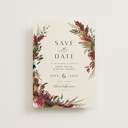 This is a autumn petite save the dates with standard by Kate Ahn called poetique printing on signature in petite