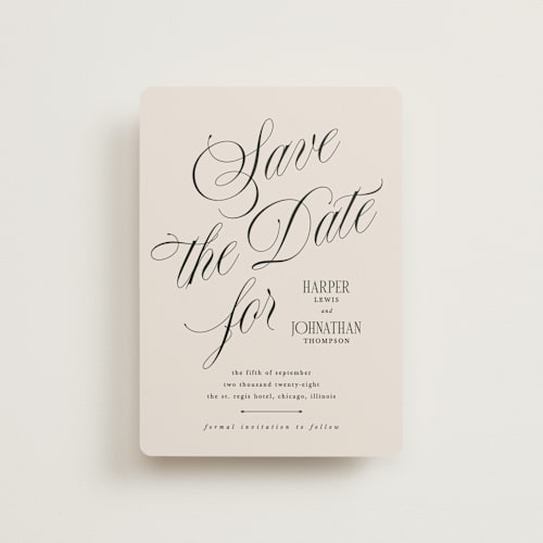 This is a linen petite save the dates with standard by Kate Ahn called mirin printing on signature in petite