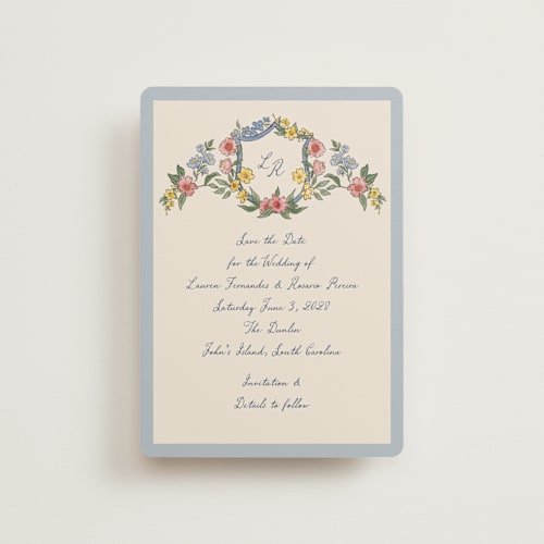 This is a cornflower petite save the dates with standard by Chris Griffith called a wedding in low country printing on signature in petite