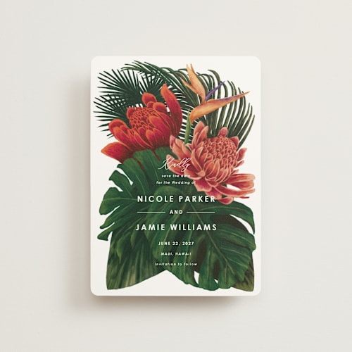 This is a basil petite save the dates with standard by Elly called tropical bouquet printing on signature in petite