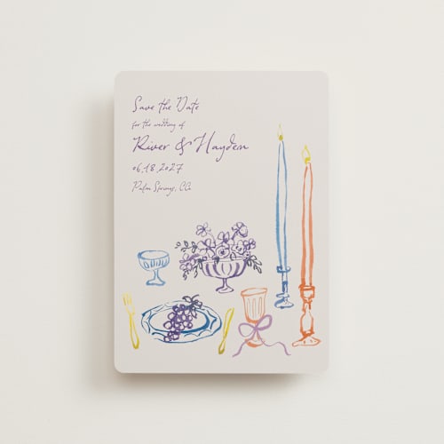 This is a hydrangea petite save the dates with standard by Cass Loh called tablescape drawing printing on signature in petite