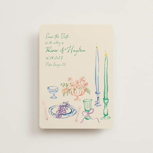 This is a garden petite save the dates with standard by Cass Loh called tablescape drawing printing on signature in petite