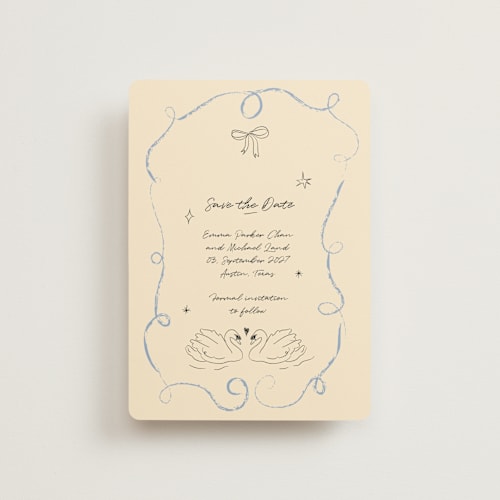 This is a dream petite save the dates with standard by Helena Vitto called the swan printing on signature in petite