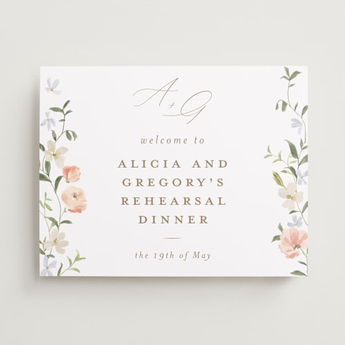 This is a peach wedding signs with standard by Everett Paper Goods called garden view printing on premium sign board in small