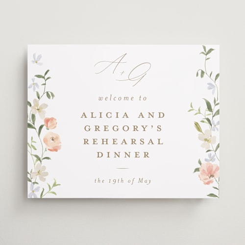 This is a peach wedding signs with standard by Everett Paper Goods called garden view printing on premium sign board in medium