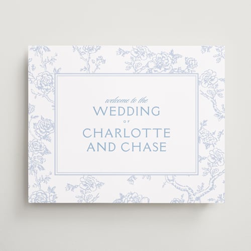 This is a periwinkle wedding signs with standard by Jenna Holcomb called classic toile printing on premium sign board in 16x20