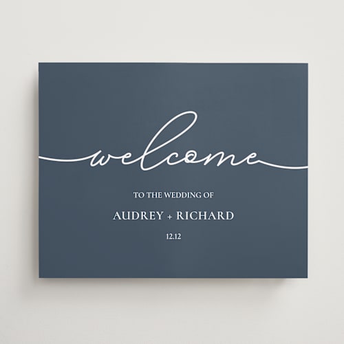 This is a navy wedding signs with standard by Huefete called luxury printing on premium sign board in 16x20