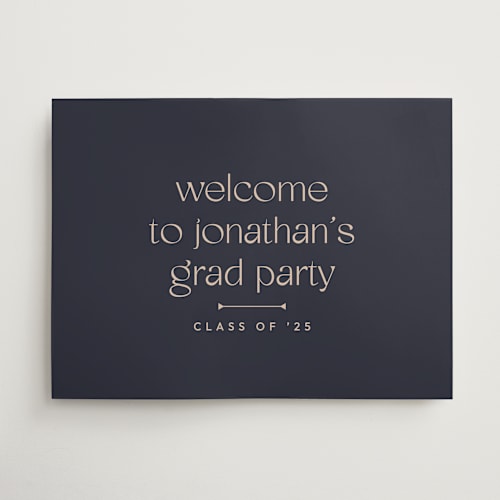 This is a navy graduation party decorations with standard by letterfix called thoughtful printing on doublethick in 18x24