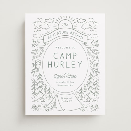 This is a sage wedding signs with standard by Kiersten Garner called the adventure begins printing on premium sign board in small