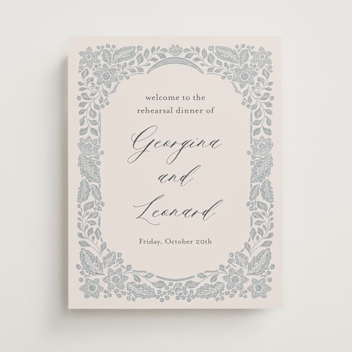 This is a dusty blue wedding signs with standard by Jen Owens called embroidered printing on premium sign board in small