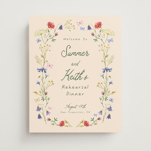 This is a champagne wedding signs with standard by frau brandt called wildflower romance printing on premium sign board in small