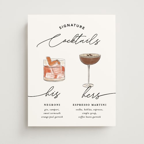 This is a ivory wedding signs with standard by Creo Study called cocktails pair printing on doublethick in 11x14