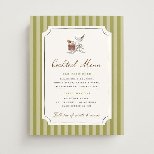 This is a olive wedding signs with standard by Erin German called stock the barware printing on doublethick in 11x14
