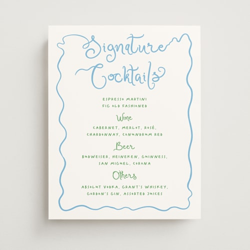 This is a ocean wedding signs with standard by Creo Study called squiggly type printing on doublethick in 11x14