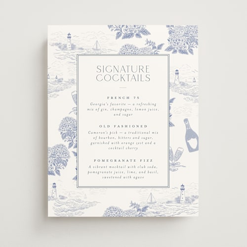 This is a periwinkle wedding signs with standard by Jenna Holcomb called coastal toile printing on doublethick in 11x14