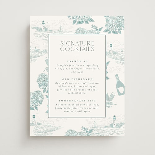This is a seaglass wedding signs with standard by Jenna Holcomb called coastal toile printing on doublethick in 11x14