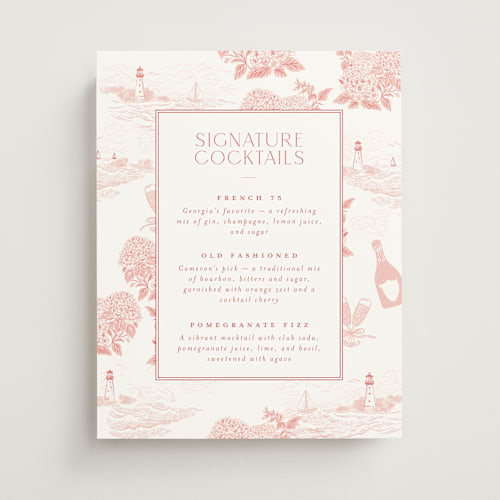 This is a coral wedding signs with standard by Jenna Holcomb called coastal toile printing on doublethick in 11x14