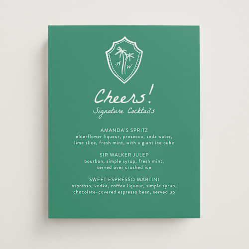 This is a palm wedding signs with standard by Erika Firm called palm tree crest printing on doublethick in 11x14