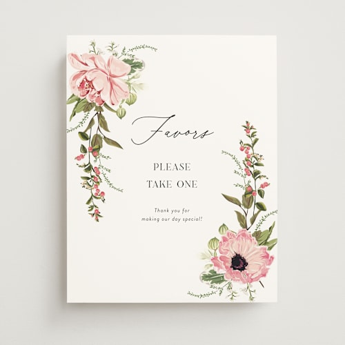 This is a peony wedding signs with standard by Susan Moyal called timeless blooms printing on doublethick in 11x14