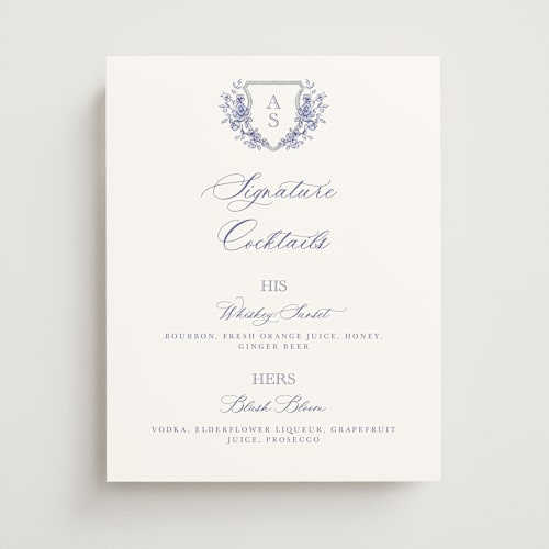 This is a dusty blue wedding signs with standard by Cass Loh called watercolor flowers crest printing on doublethick in 11x14