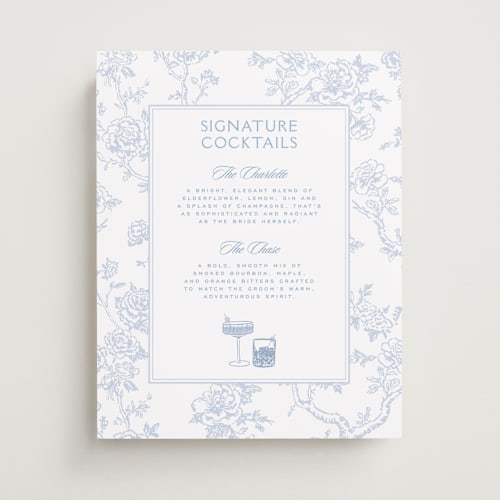 This is a periwinkle wedding signs with standard by Jenna Holcomb called classic toile printing on doublethick in 8x10