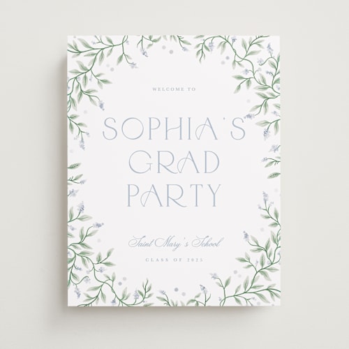 This is a periwinkle graduation party decorations with standard by Kristen Smith called wisteria printing on premium sign board in 11x14