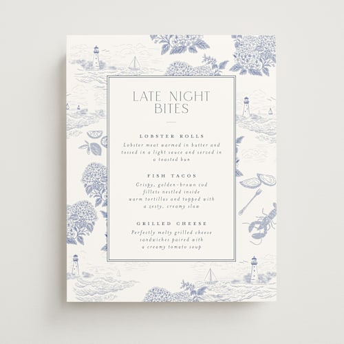 This is a periwinkle wedding signs with standard by Jenna Holcomb called coastal toile printing on doublethick in 11x14