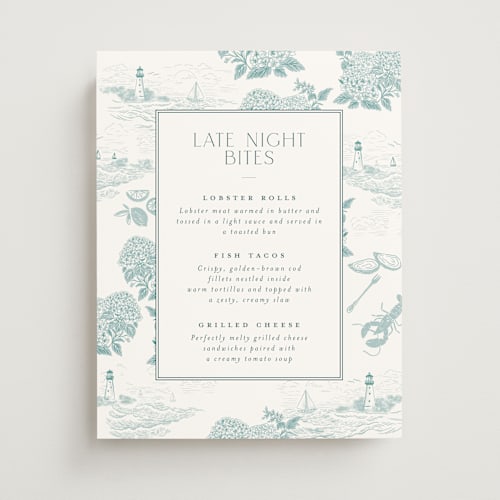 This is a seaglass wedding signs with standard by Jenna Holcomb called coastal toile printing on doublethick in 11x14