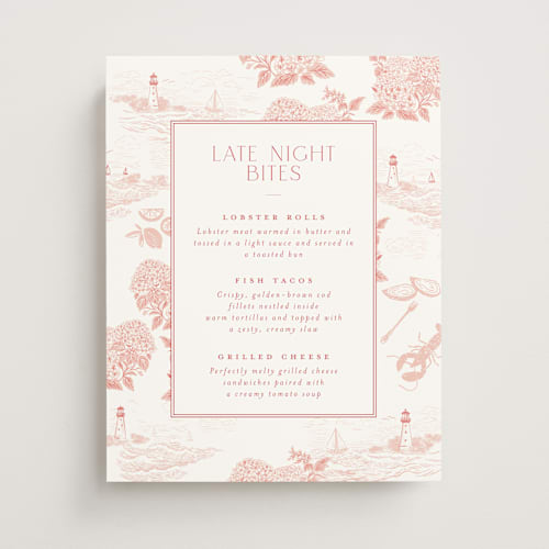 This is a coral wedding signs with standard by Jenna Holcomb called coastal toile printing on doublethick in 11x14