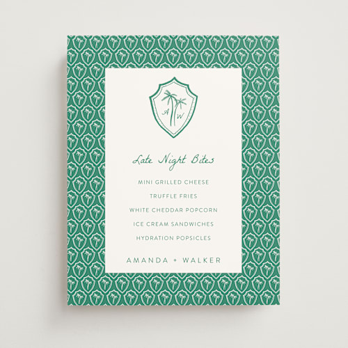 This is a palm wedding signs with standard by Erika Firm called palm tree crest printing on doublethick in 11x14