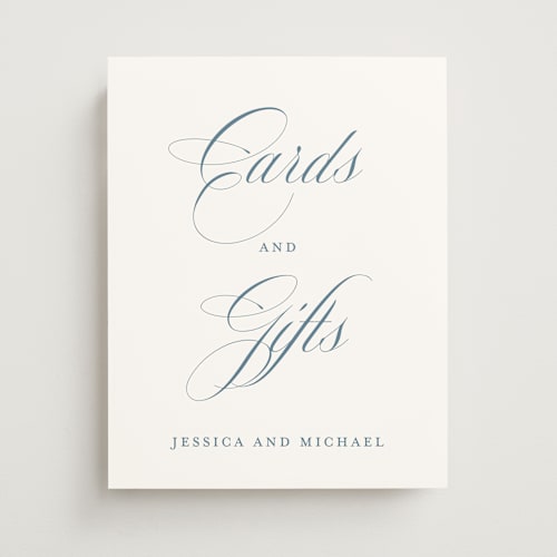This is a dusty blue wedding signs with standard by Jennifer Postorino called empire printing on doublethick in 11x14