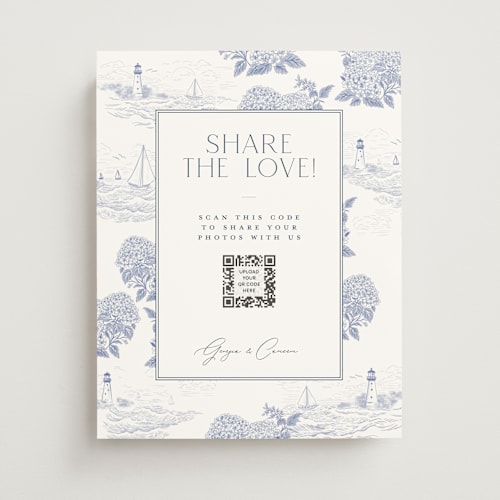 This is a periwinkle wedding signs with standard by Jenna Holcomb called coastal toile printing on doublethick in 11x14