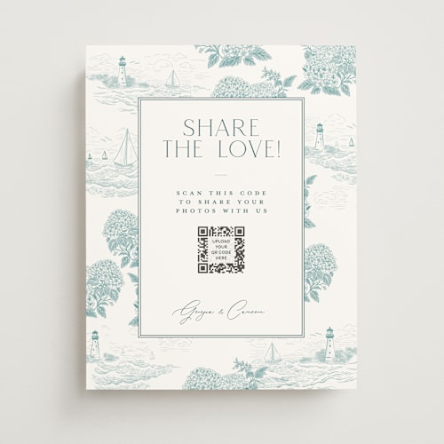 This is a seaglass wedding signs with standard by Jenna Holcomb called coastal toile printing on doublethick in 11x14