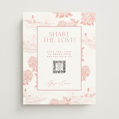 This is a coral wedding signs with standard by Jenna Holcomb called coastal toile printing on doublethick in 11x14