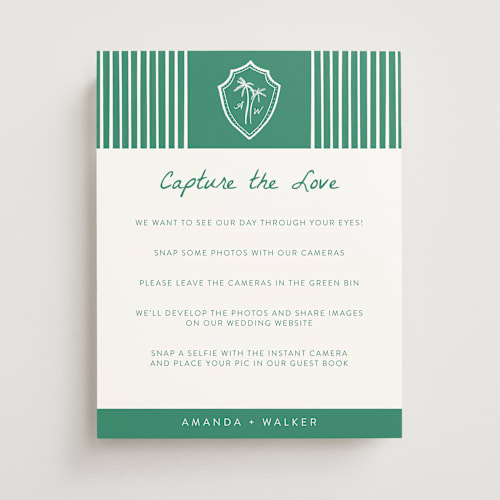 This is a palm wedding signs with standard by Erika Firm called palm tree crest printing on doublethick in 11x14