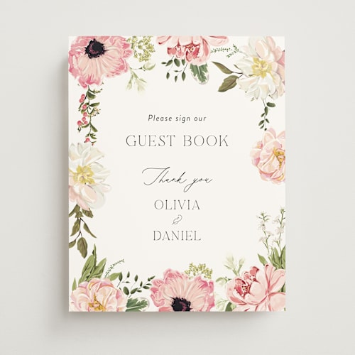 This is a peony wedding signs with standard by Susan Moyal called timeless blooms printing on doublethick in 11x14