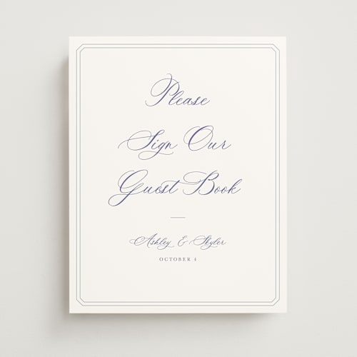 This is a dusty blue wedding signs with standard by Cass Loh called watercolor flowers crest printing on doublethick in 11x14