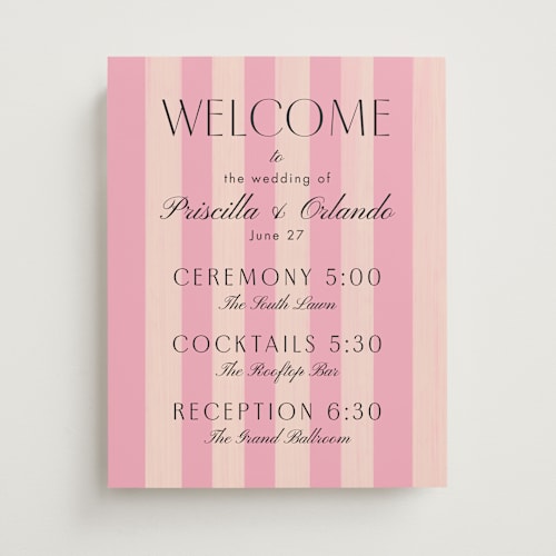 This is a cotton candy wedding signs with standard by Becky Nimoy called vintage striped awning printing on premium sign board in 11x14