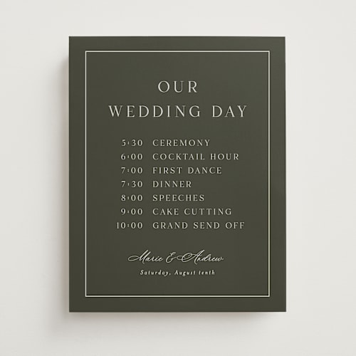 This is a olive wedding signs with standard by Nicole Walsh called refined printing on premium sign board in 11x14