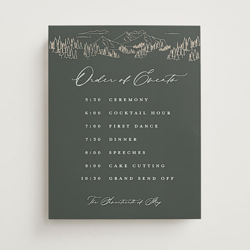 This is a hunter wedding signs with standard by Sarah Brown called peaks printing on premium sign board in 11x14