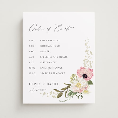 This is a peony wedding signs with standard by Susan Moyal called timeless blooms printing on premium sign board in 11x14