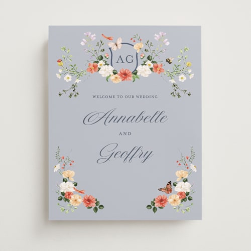 This is a something blue wedding signs with standard by Sarah Knight called fleur printing on premium sign board in 11x14