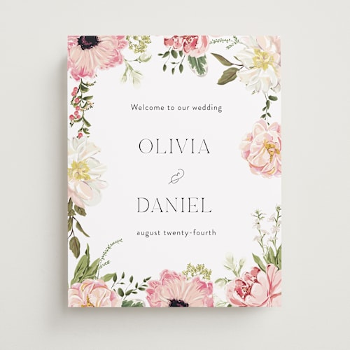 This is a peony wedding signs with standard by Susan Moyal called timeless blooms printing on premium sign board in 11x14