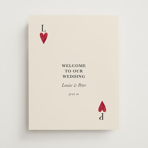 This is a champagne wedding signs with standard by Helena Vitto called red hearts printing on premium sign board in 11x14